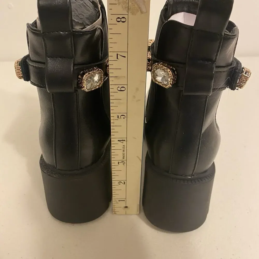 CUSHIONAIRE Julie Women 6.5M Chunky Combat Boots Black Jeweled strap Clubwear